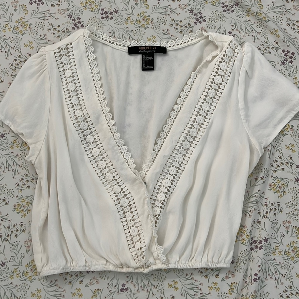 Cropped White Lace-Trimmed Blouse